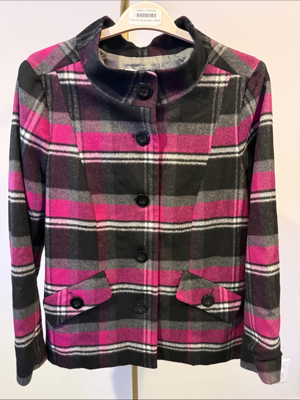 Vintage Elliott Lauren Wool Plaid Jacket Hot Pink Gray Black Size 12